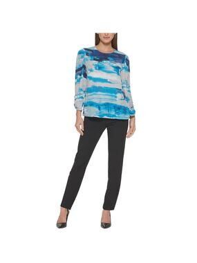 DKNY Women Sheer Printed Blouse Blue Petites Size PS